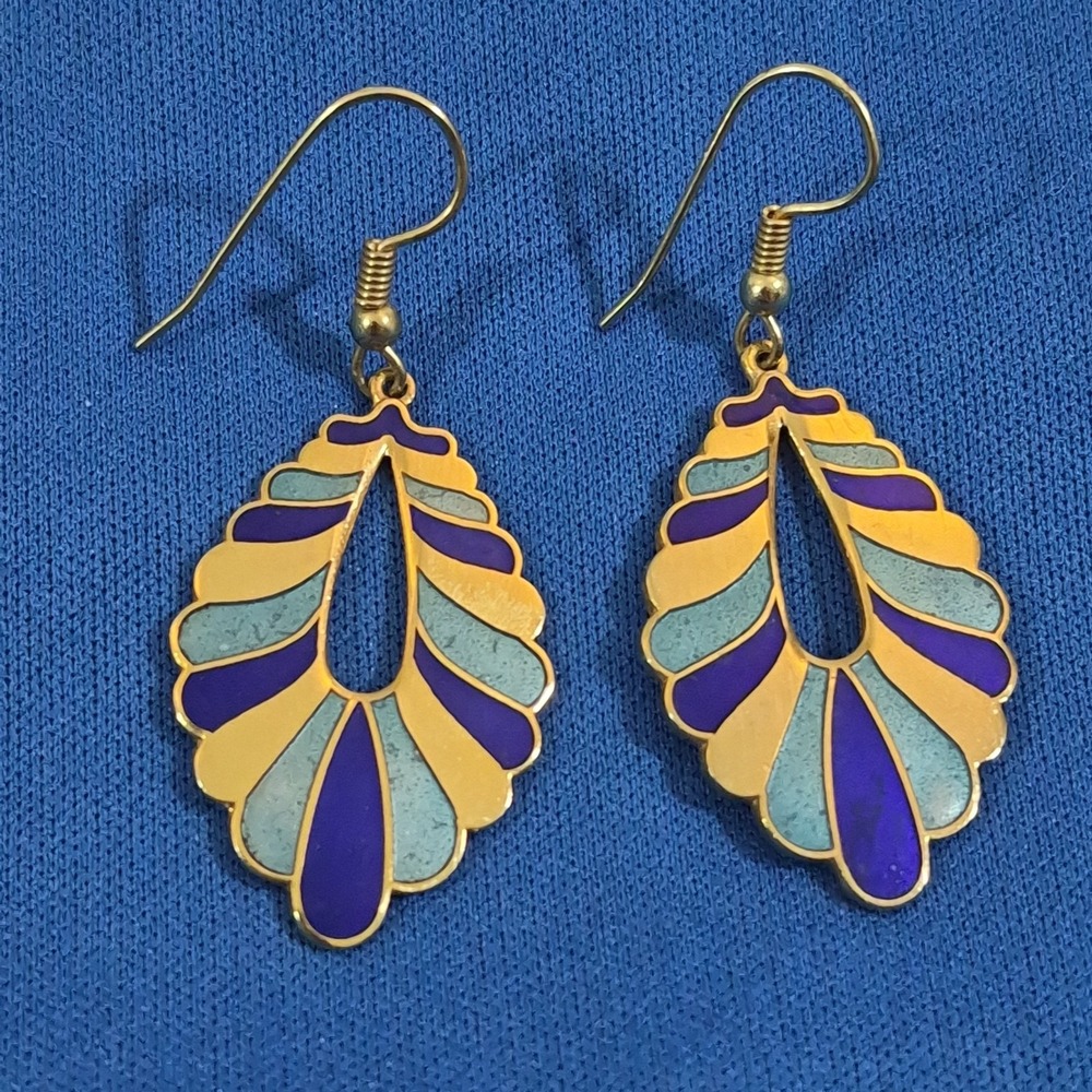 Blue Teal & Gold Tone Enamel VTG PIERCED EARRINGS